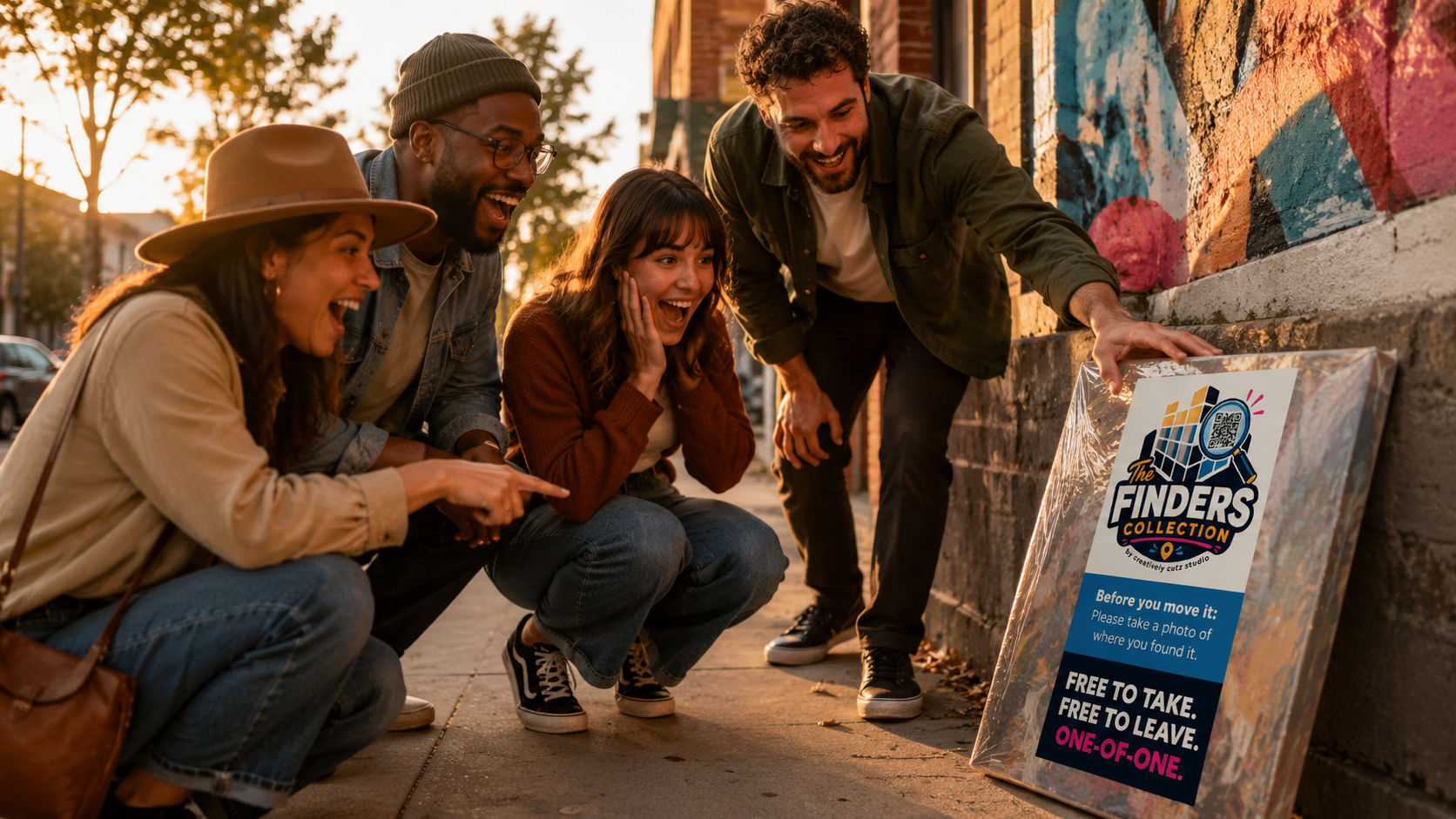 People discovering a wrapped Finders Collection artwork in a public space
