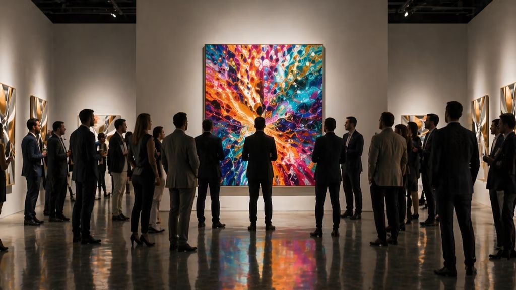 Visitors gathered around a vivid one-of-one abstract artwork in a gallery setting